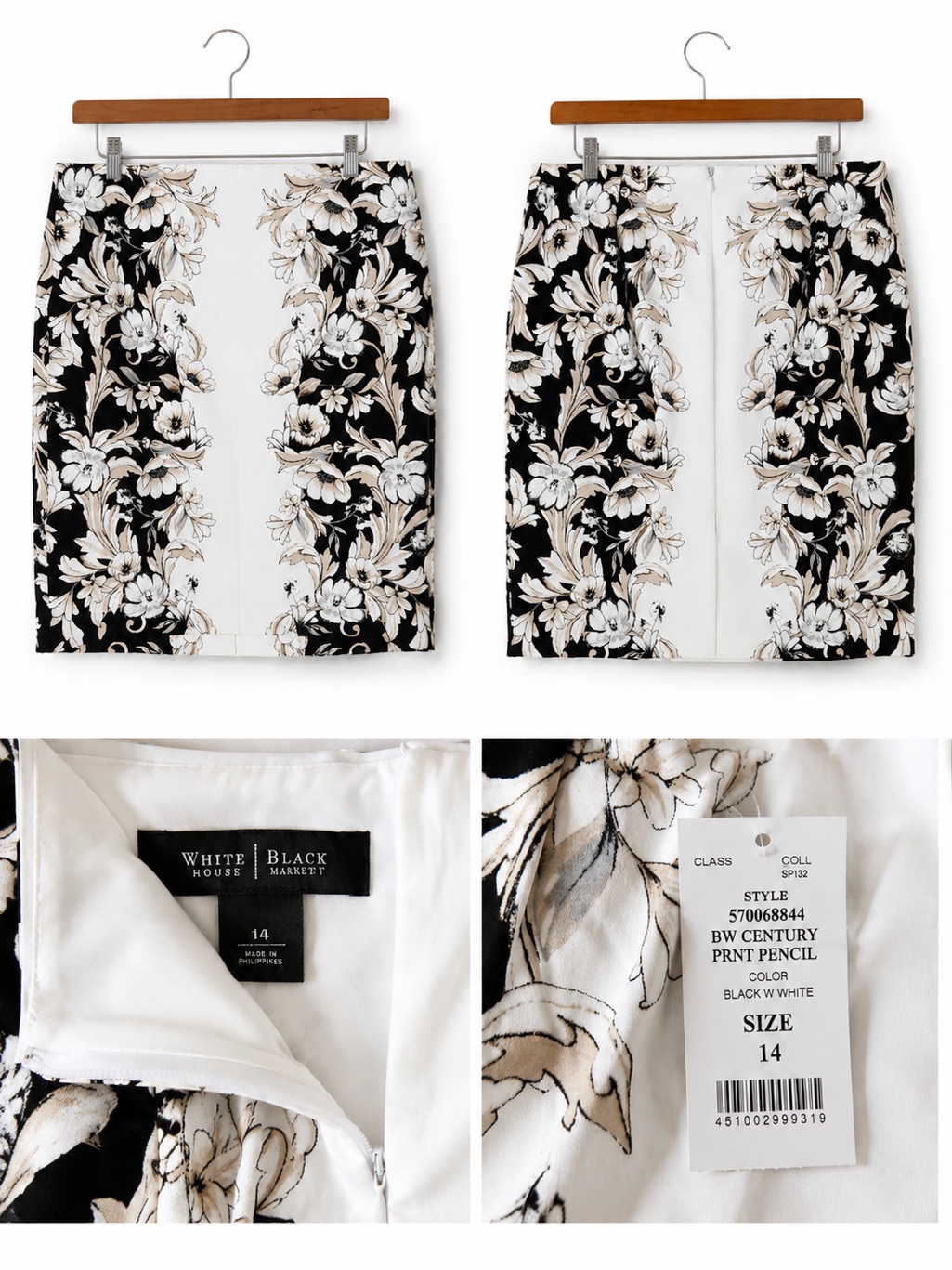 White House Black Market Bw Century Print Pencil Skirt Size 14 Nwt